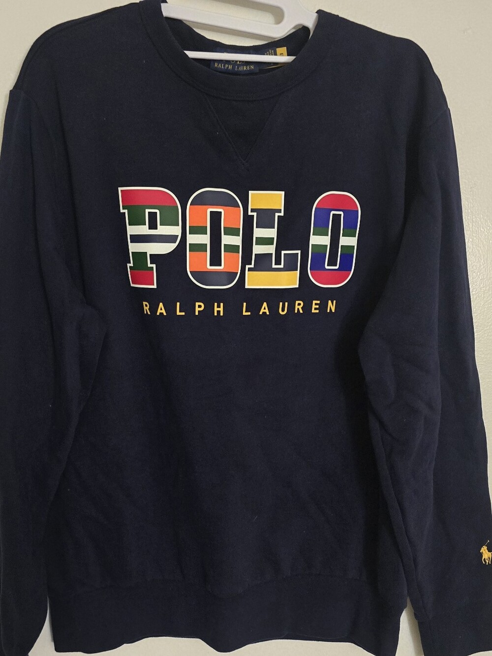 Ralph Lauren Navy Crewneck Sweat Shirt with Multicolor Striped POLO Logo